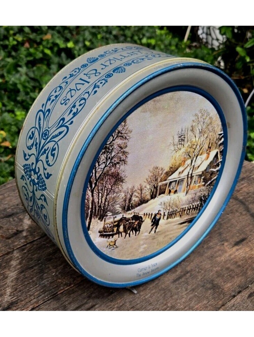 Vintage Christmas 1993 Currier &"The Snow Storm" Vintage Silver Color Tin 10x4"